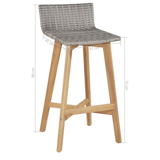 3-Piece Bar Set – Solid Acacia Wood Table & Stools, height-adjustable stool with stylish grey rattan seat.