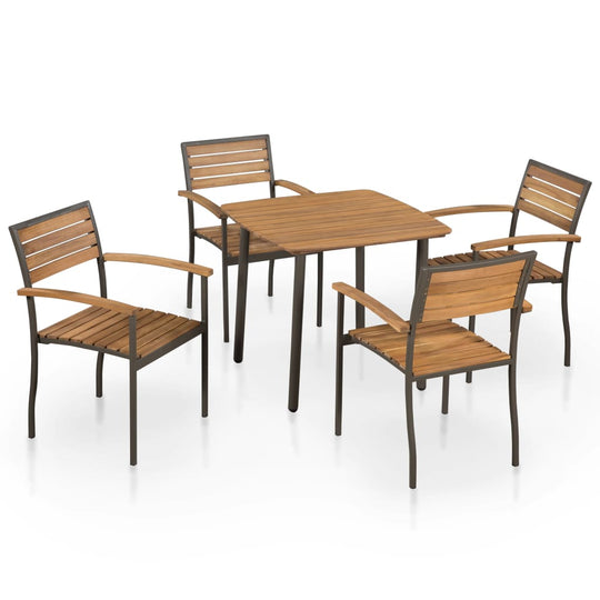 5-piece outdoor dining set with solid acacia wood table and steel frames, perfect for garden or patio dining.