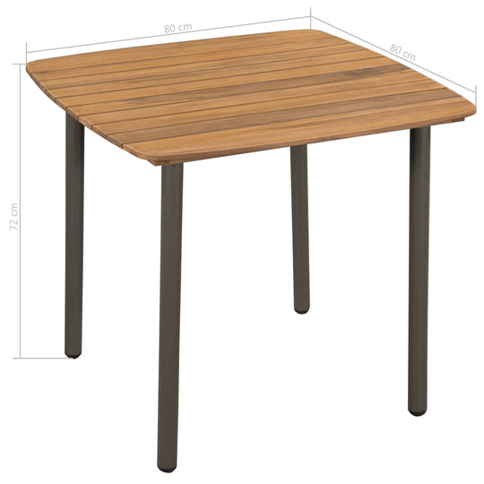 Solid acacia wood outdoor dining table with steel legs, slatted design, ideal for patio or garden use.