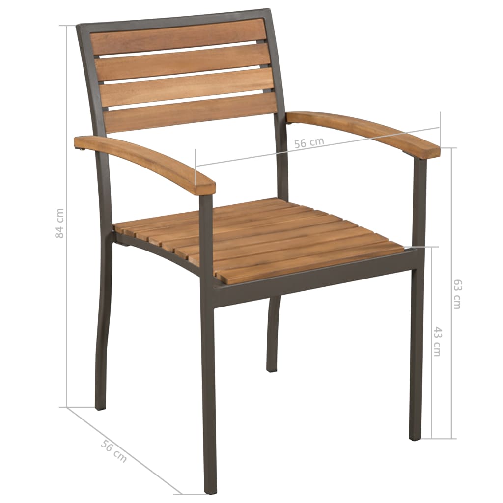 Solid acacia wood and steel outdoor dining chair with slatted design, ideal for patio and garden furniture, stacking capability.