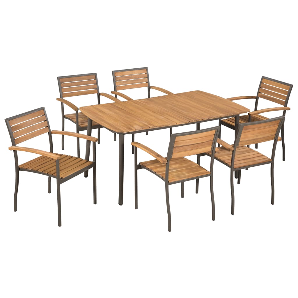 7 Piece Outdoor Dining Set Solid Acacia Wood and Steel , Furniture -> Outdoor Furniture -> Outdoor Furniture Sets , Durable,Furniture -,Home & Garden -,Modern Design,new-305021,Outdoor Furniture -,Outdoor Furniture Sets,Wooden Furniture