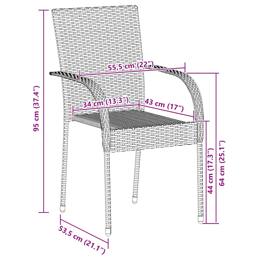 Stackable Outdoor Chairs 2 pcs Poly Rattan dimensions diagram with measurements for precise sizing.
