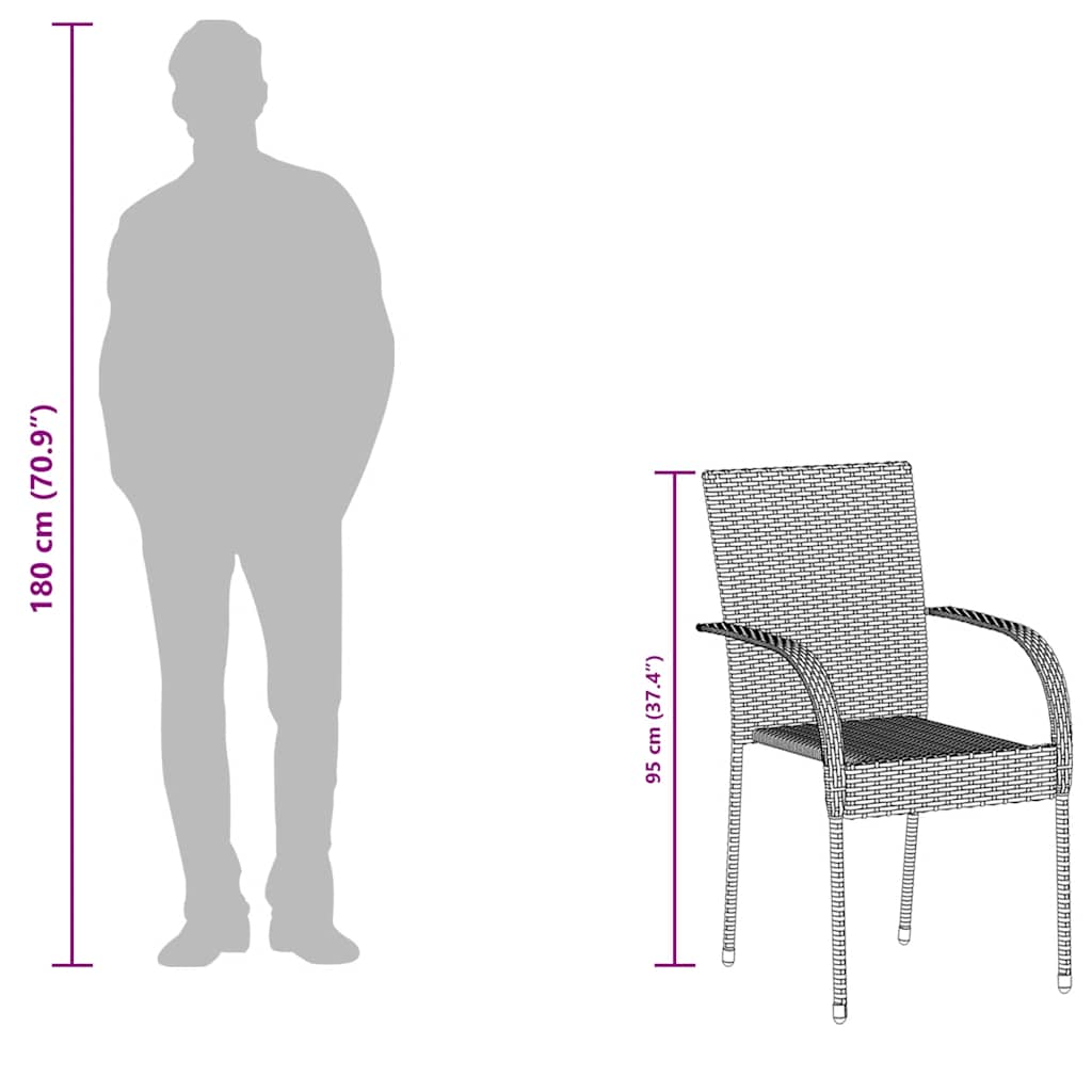 Stackable Outdoor Chairs 2 pcs Poly Rattan dimensions with silhouette for scale.