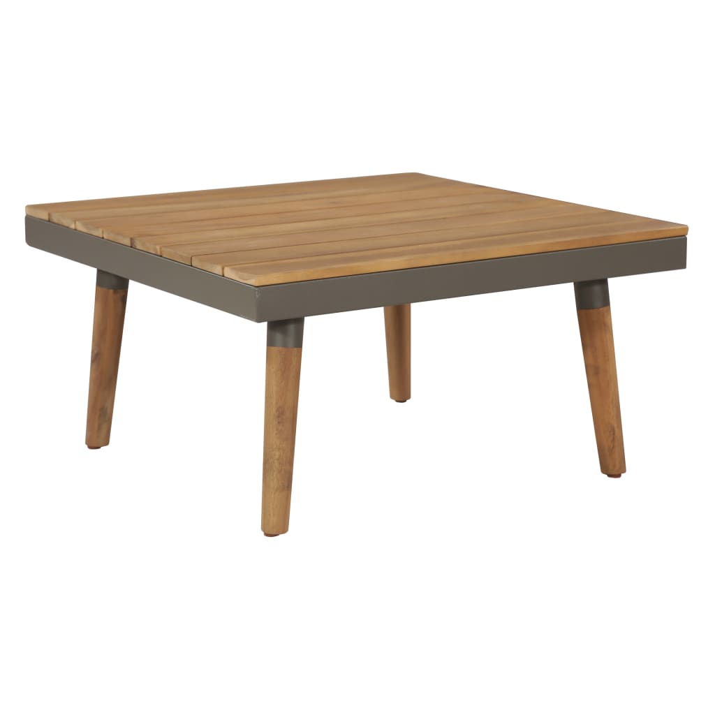 Square outdoor coffee table with solid acacia wood top and sturdy legs, perfect for garden or patio furniture.