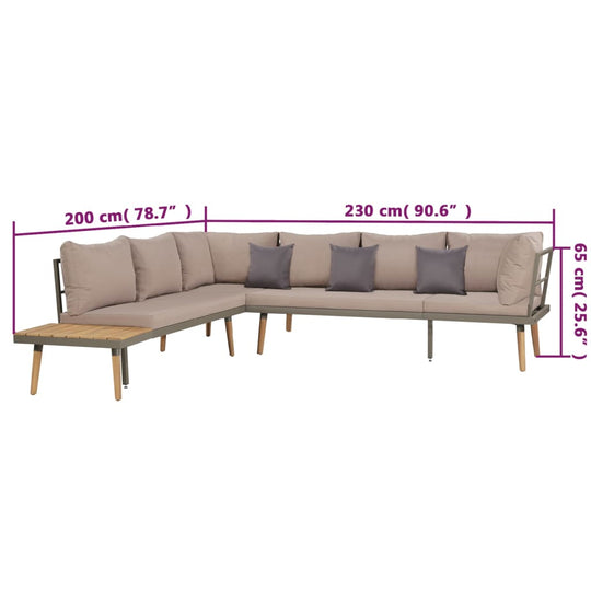 4-piece outdoor lounge set with dimensions, featuring cushions and solid acacia wood design for patio or garden use.