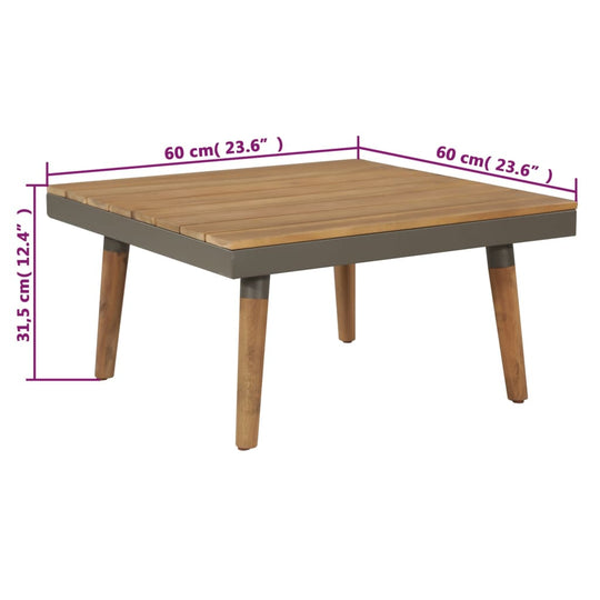 Square garden coffee table with solid wood top and steel frame, dimensions 60 cm x 60 cm, height 31.5 cm, perfect for outdoor lounge.