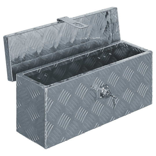 Silver aluminium box with a diamond pattern, ideal for storage and transport, featuring a secure latch and roomy interior.