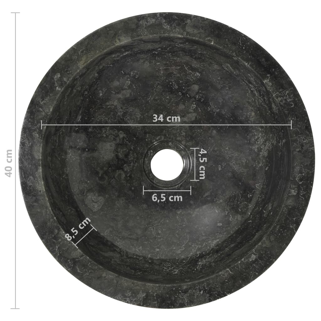 Top view of a 40 cm round black marble sink showcasing its elegant design and precise measurements for bathroom decor.