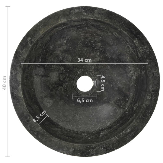 Top view of a 40 cm round black marble sink showcasing its elegant design and precise measurements for bathroom decor.