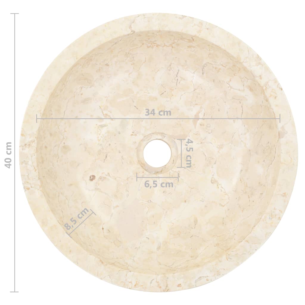 Top view of a 40 cm round cream marble sink, featuring precise measurements and smooth finish for elegant bathroom decor.