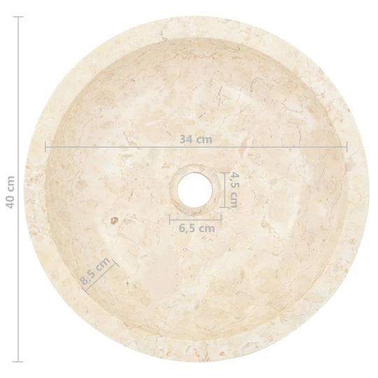 Top view of a 40 cm round cream marble sink, featuring precise measurements and smooth finish for elegant bathroom decor.