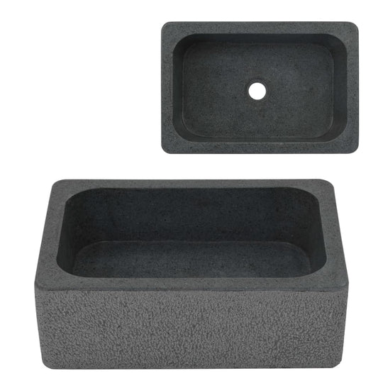 Handmade rectangular riverstone sink in black, showcasing a rustic finish and durable design for bathrooms or washrooms.