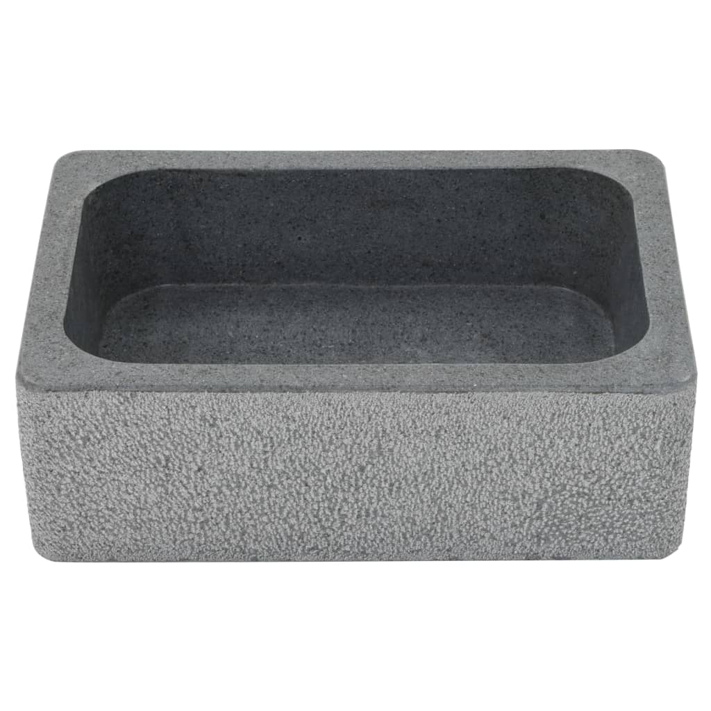 Handmade rectangular sink in natural river stone, 45x30x15 cm, black, perfect for any bathroom or washroom decor.