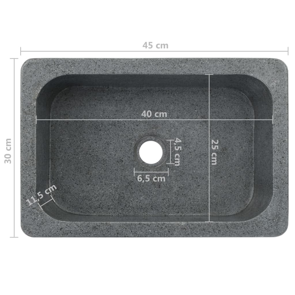 Rectangular riverstone sink 45x30x15 cm with measurements, showcasing rustic design and sturdy build for bathrooms.