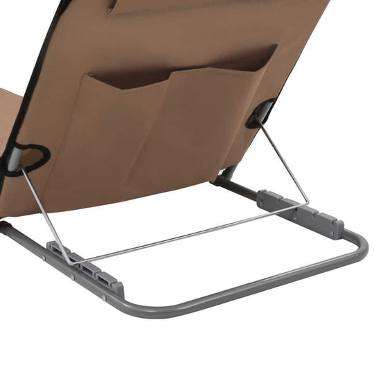 Folding beach mat with adjustable backrest, storage pocket, and steel frame, perfect for outdoor relaxation.