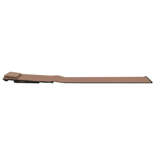 Folding beach mat with adjustable backrest in tan color, designed for comfort and portability at the beach.