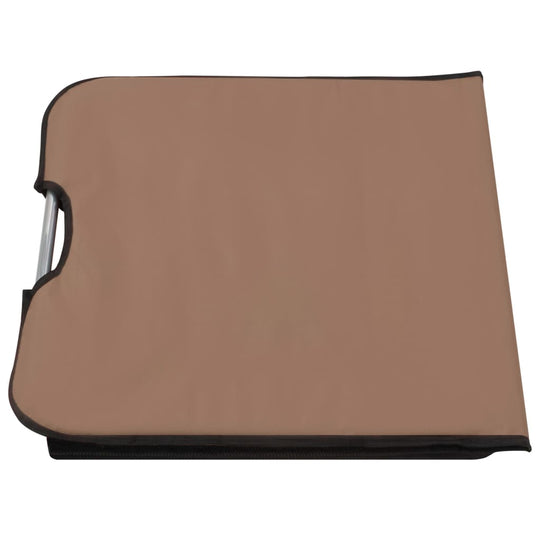 Folding beach mat with handle in brown fabric, ideal for relaxation at the beach or campsite.