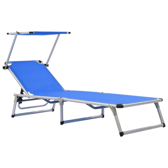 Folding sun lounger with adjustable roof, aluminium frame, and blue textilene fabric for optimal comfort and relaxation.
