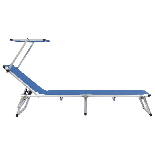 Folding sun lounger with adjustable roof and backrest, featuring a durable aluminum frame and blue textilene fabric.