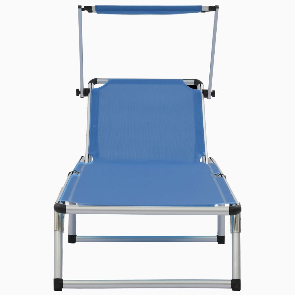 Folding sun lounger with adjustable roof in blue, lightweight aluminium frame for comfort and portability.