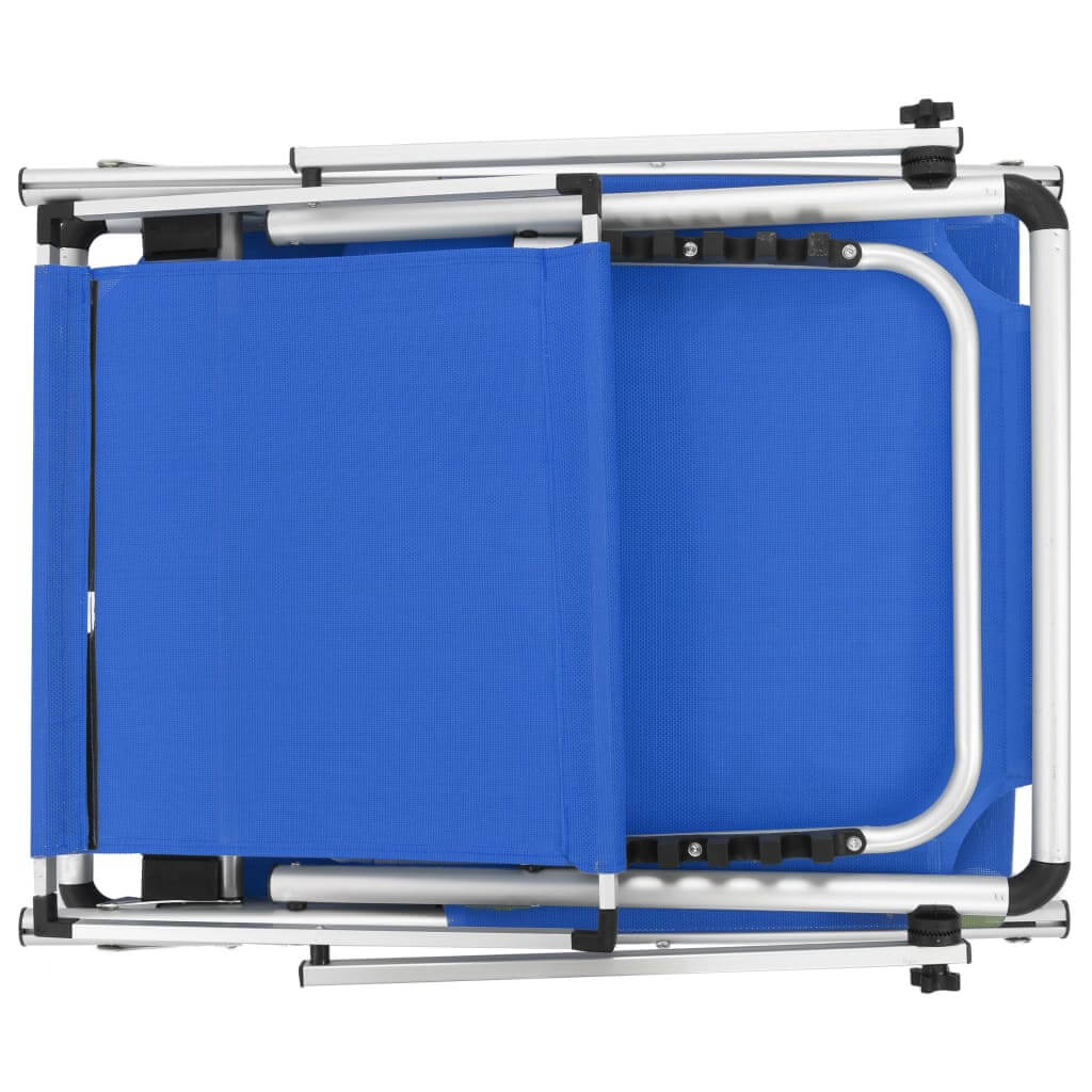 Folding sun lounger with blue textilene fabric and aluminium frame, shown in a compact folded position.
