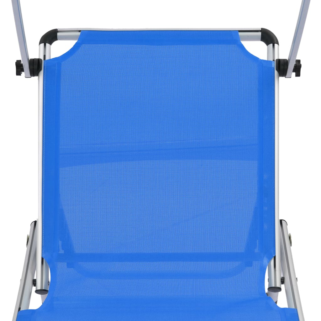 Folding sun lounger with blue textilene fabric and adjustable roof for outdoor relaxation