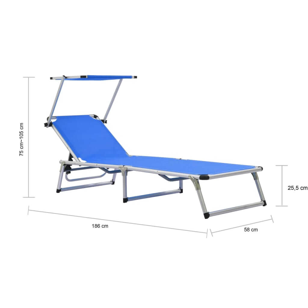 Folding sun lounger with adjustable roof, aluminum frame, and blue textilene fabric, dimensions included.