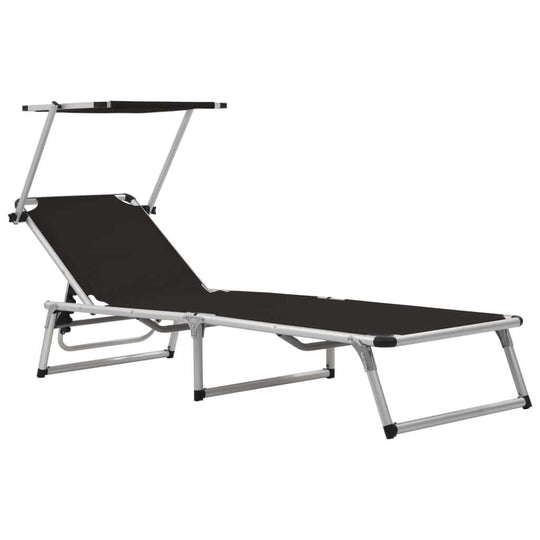 Folding sun lounger with adjustable roof and black textilene, featuring a lightweight aluminum frame.