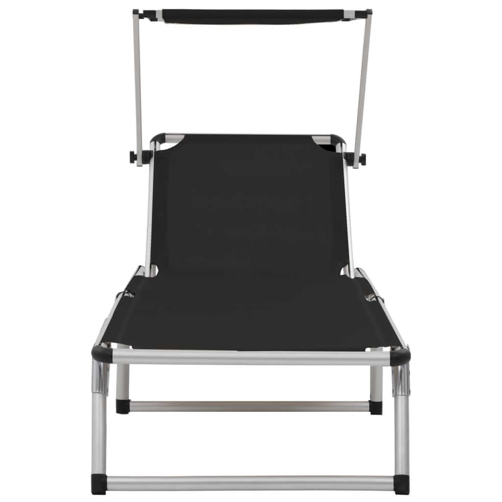 Folding sun lounger with adjustable roof, aluminum frame, and textilene fabric for comfort and portability.