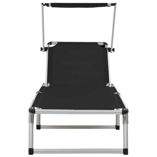 Folding sun lounger with adjustable roof, aluminum frame, and textilene fabric for comfort and portability.