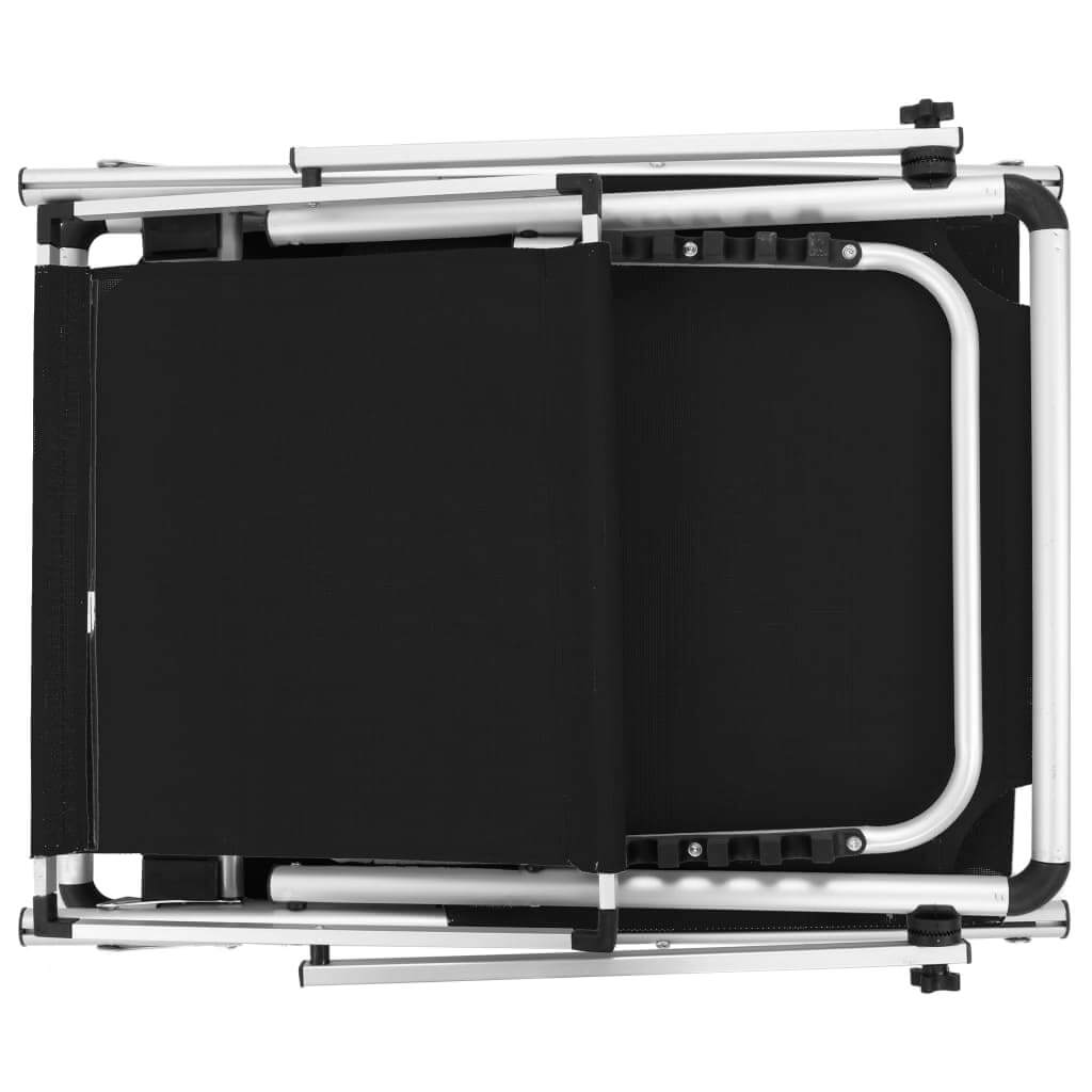 Folding sun lounger with adjustable roof and black textilene fabric for leisure and relaxation.