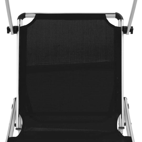 Folding sun lounger with adjustable backrest and sun roof, featuring a strong textilene seat and lightweight aluminium frame.