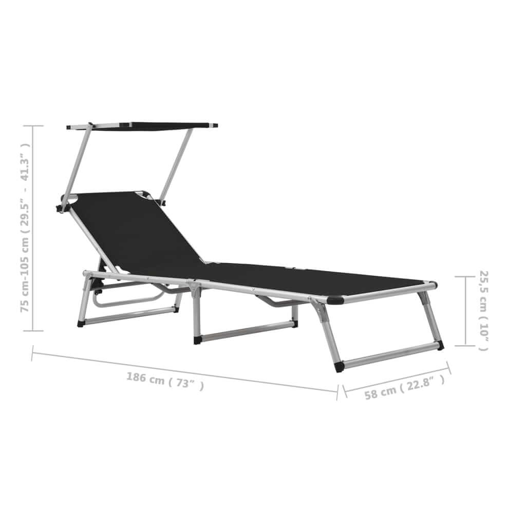 Folding sun lounger with roof, adjustable backrest, aluminum frame, and textilene fabric dimensions shown.