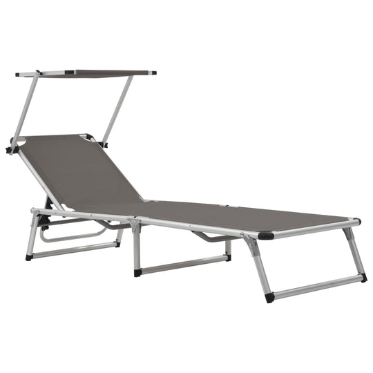 Folding sun lounger with adjustable roof, aluminium frame, and textilene fabric for comfort and portability.