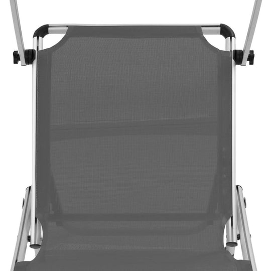 Folding sun lounger with an adjustable roof, featuring a grey textilene fabric and lightweight aluminum frame.