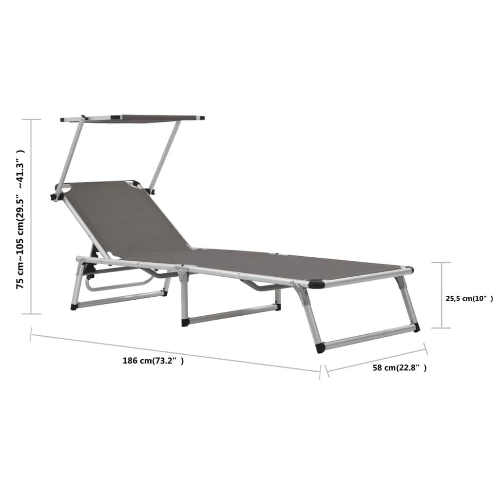 Folding sun lounger with adjustable roof, aluminium frame, and textilene fabric, showcasing dimensions for portability and comfort.