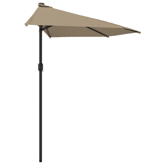 Half round taupe balcony parasol with aluminum pole designed for outdoor furniture and sun protection.