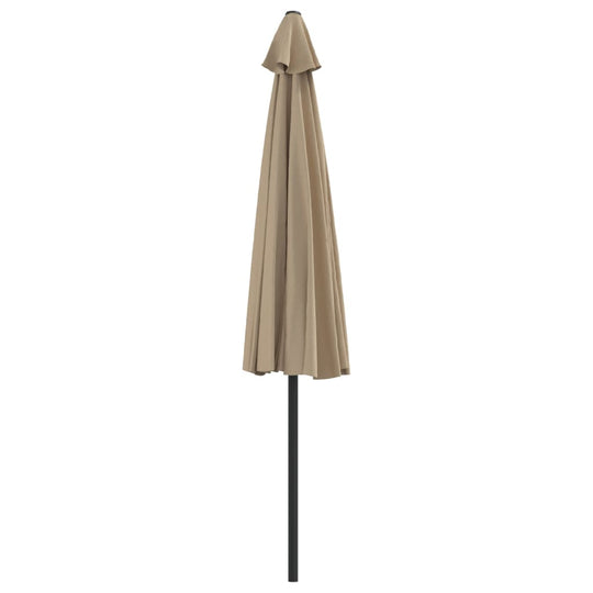 Taupe balcony parasol with aluminium pole, perfect for outdoor furniture and sun protection.