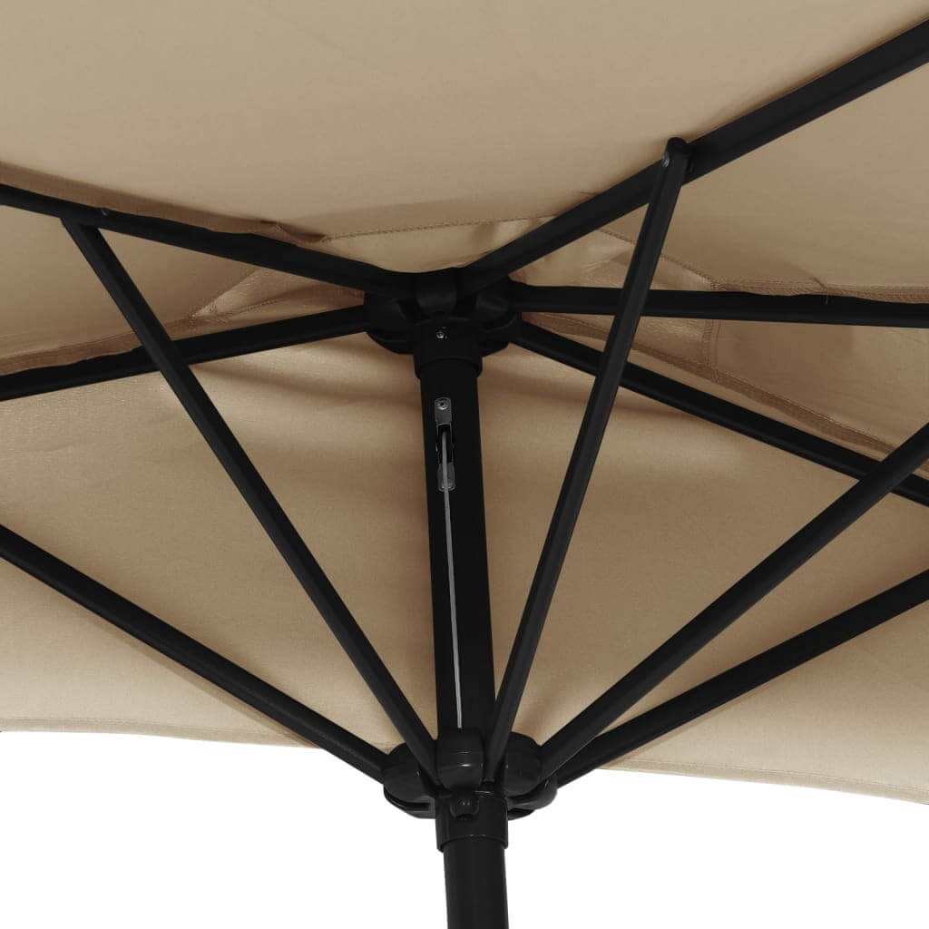 Underneath view of taupe balcony parasol showing durable frame and support structure, ideal for outdoor lounge furniture.