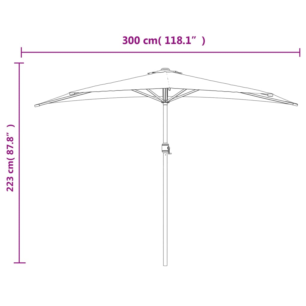 Dimensions of taupe balcony parasol with aluminium pole, measuring 300 cm by 223 cm, perfect for outdoor furniture.