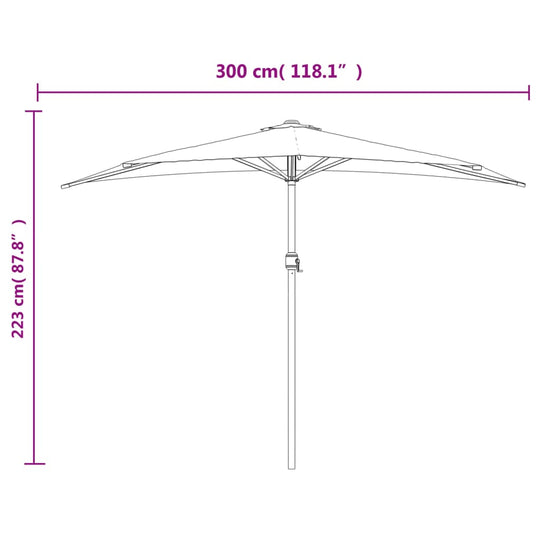 Dimensions of taupe balcony parasol with aluminium pole, measuring 300 cm by 223 cm, perfect for outdoor furniture.