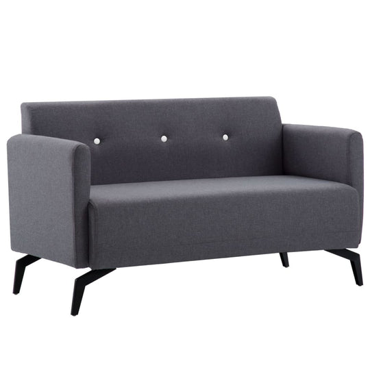 Dark 2-seater fabric sofa with wooden frame, ideal for outdoor patio or home furniture in garden and balcony settings.