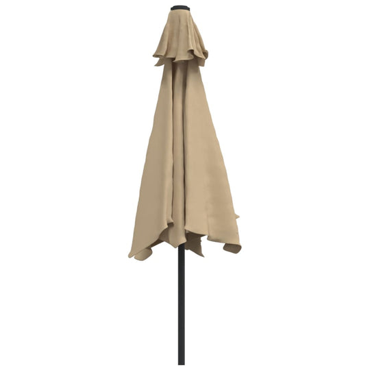 Outdoor taupe parasol with a metal pole, designed for UV protection and easy cleaning, ideal for outdoor furniture settings.