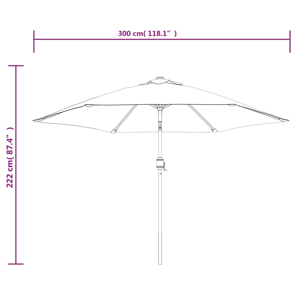 Dimensions of an outdoor parasol with a 300 cm diameter and 222 cm height, featuring a metal pole for stability.