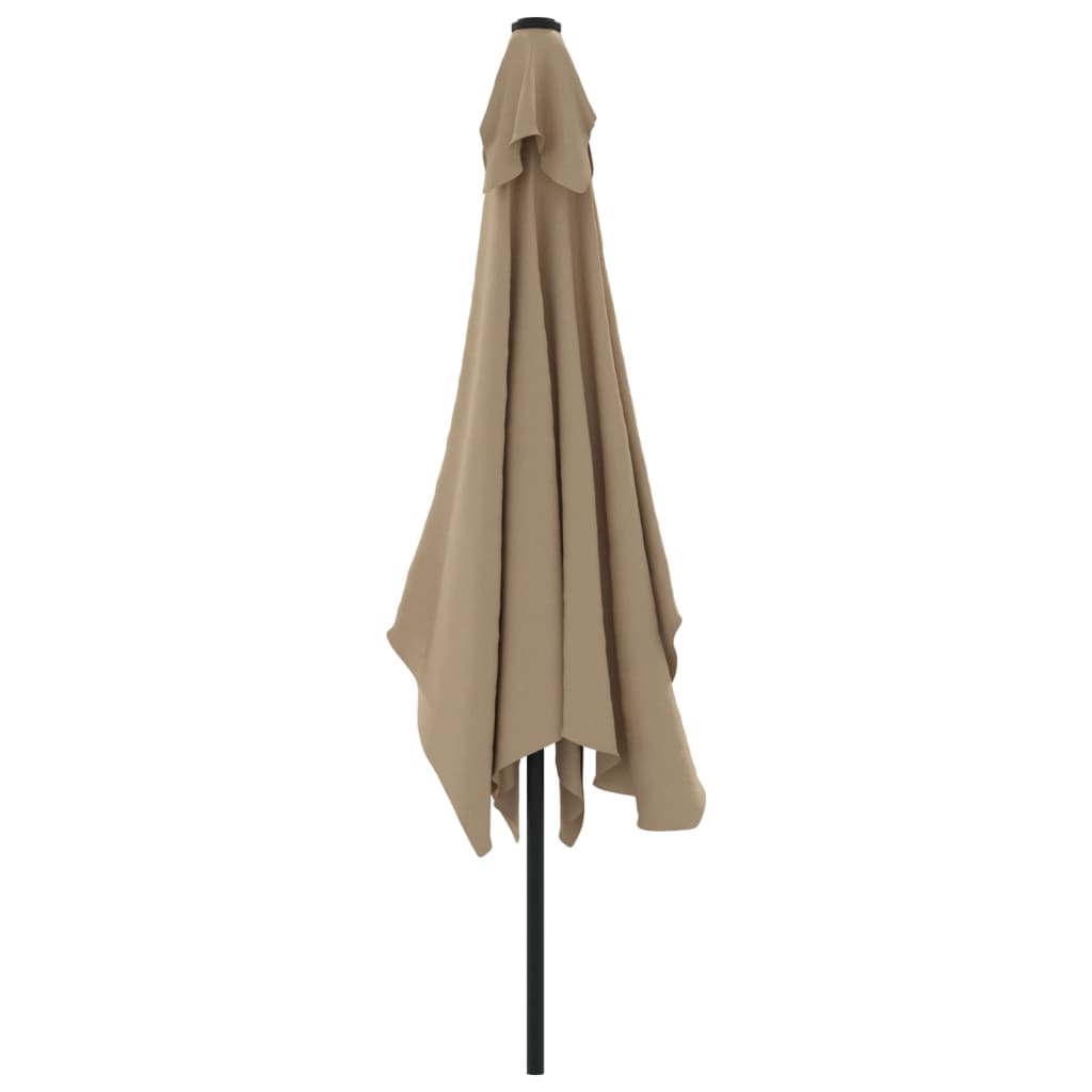 Outdoor taupe parasol with metal pole, perfect for shading outdoor furniture and protecting against UV rays.