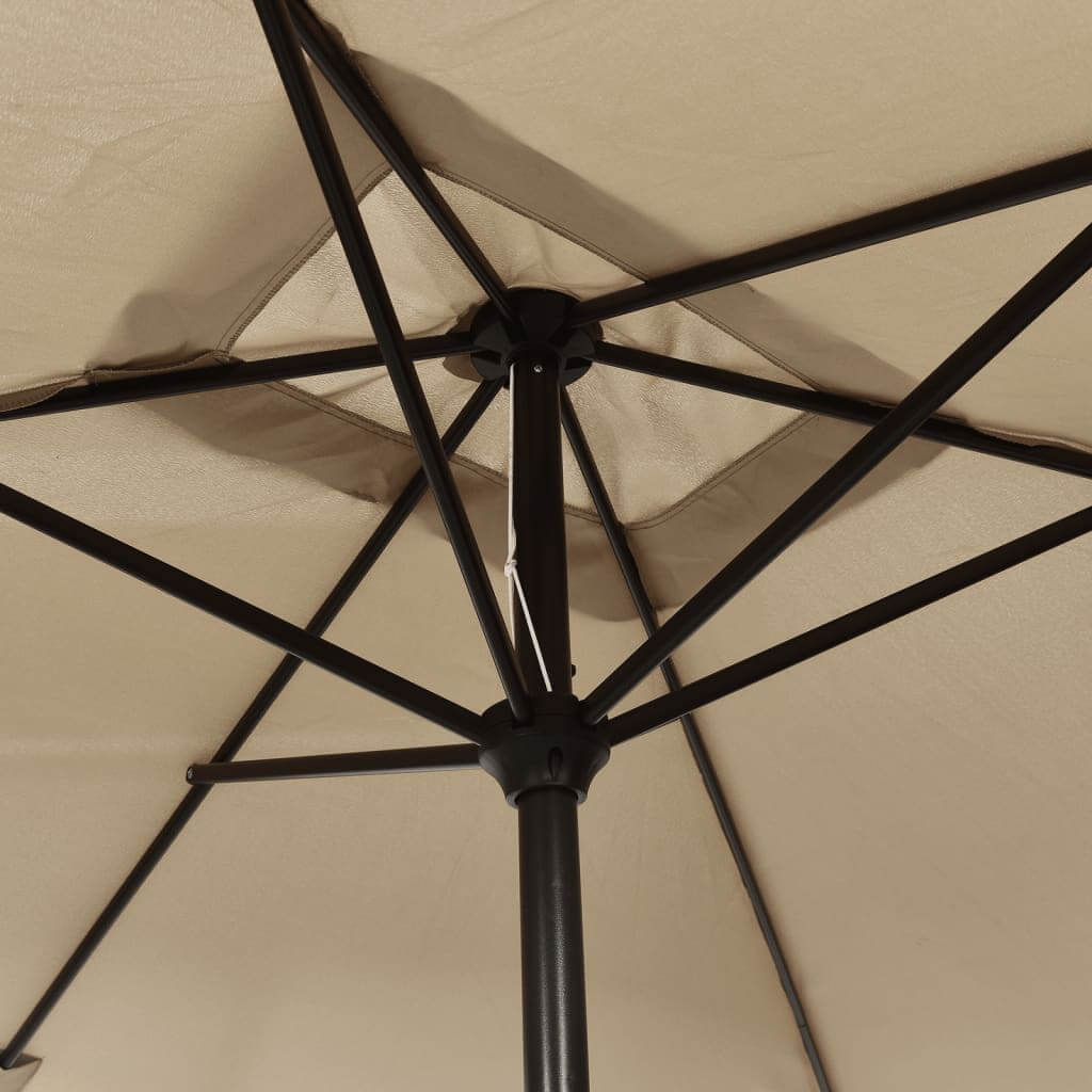 underside view of taupe outdoor parasol with metal pole, showcasing the strong frame and UV protective fabric.