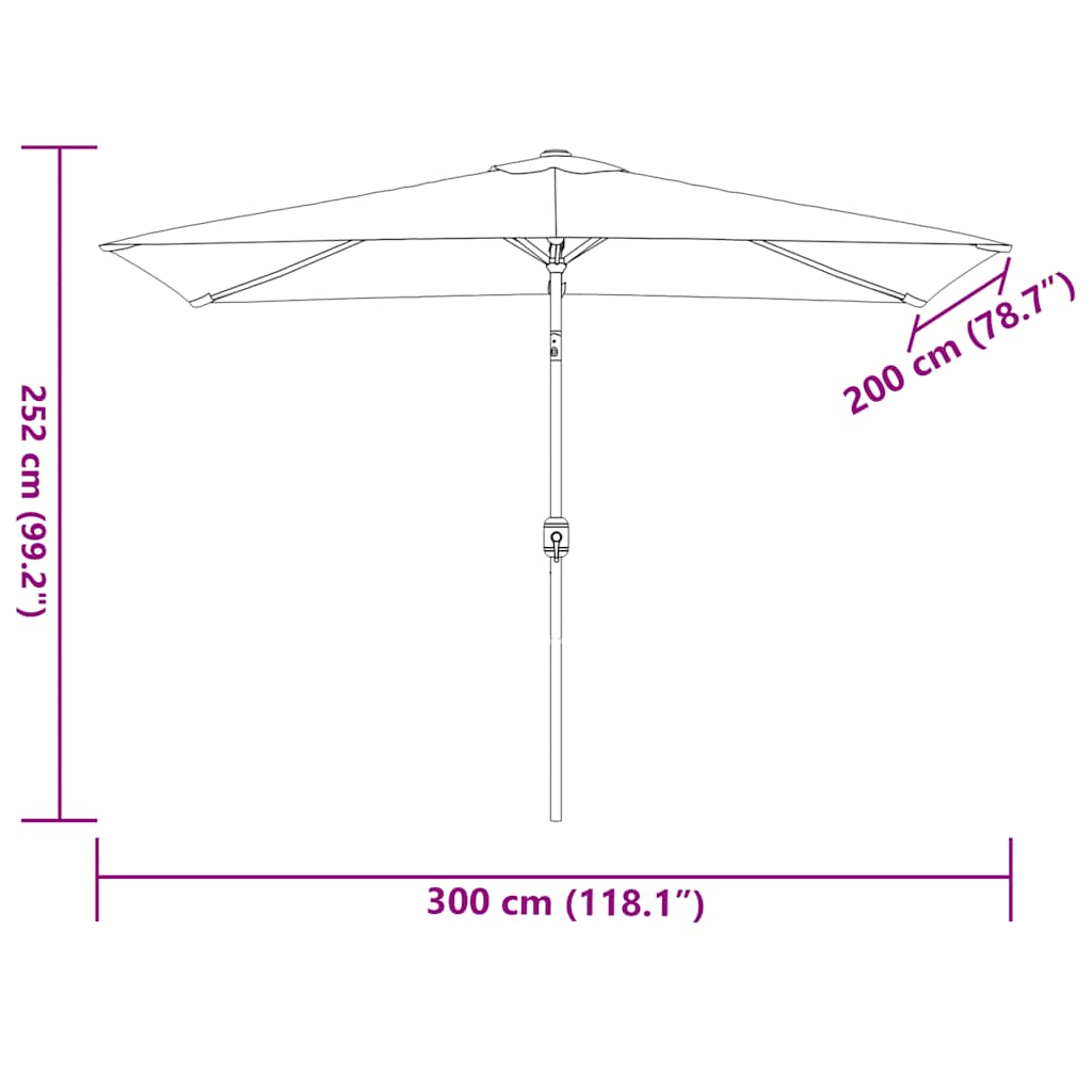 Dimensions of outdoor parasol with metal pole, measuring 300x200 cm, providing UV protection and shade for outdoor furniture.