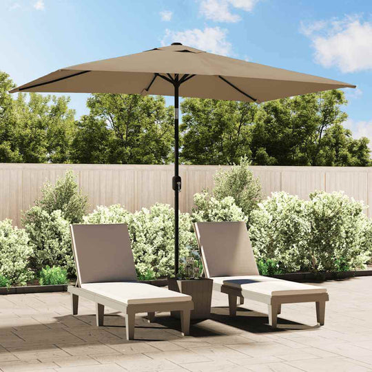 Outdoor taupe parasol providing shade over lounge chairs in a garden setting, ideal for outdoor furniture arrangement.