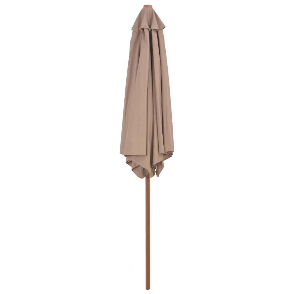 Outdoor taupe parasol with wooden pole, perfect for shade and UV protection for outdoor furniture.