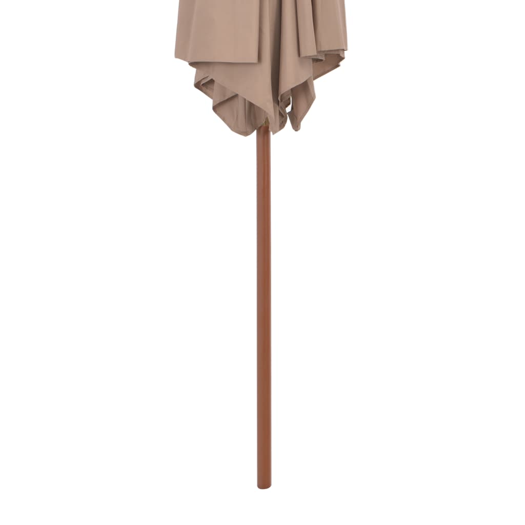 Outdoor parasol with taupe fabric and wooden pole, perfect for shading outdoor furniture and protecting from UV rays.